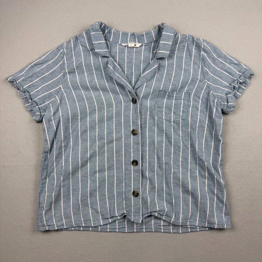 Hang Ten Women XL Blue White Striped Linen Rayon Short Sleeve Button Up Shirt